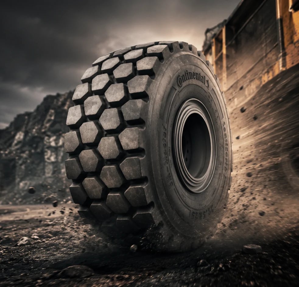 Large Continental industrial tire with hexagonal tread pattern on dusty ground with quarry in background
