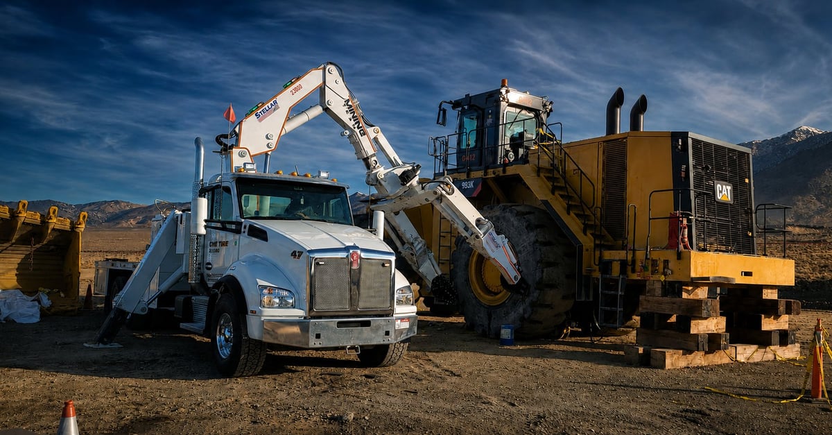 White hydraulic arm truck next to yellow heavy equipment on construction site with mountains in background